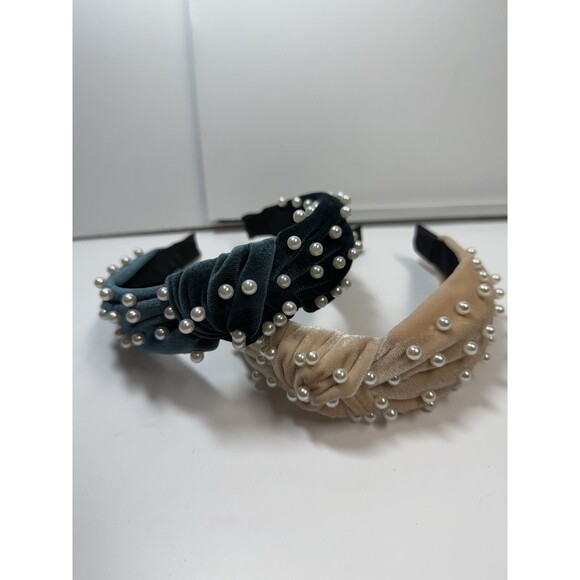 Velvet Top Knot Faux Pearl Embellished Headband Bundle Lot Of 2 Cream & Teal New - Picture 1 of 6